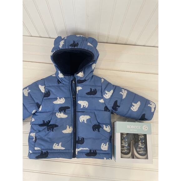 London Fog Full Zip Puffer Jacket & Robeez Shoes Boys Bundle Size 12-18 MO - Picture 1 of 9
